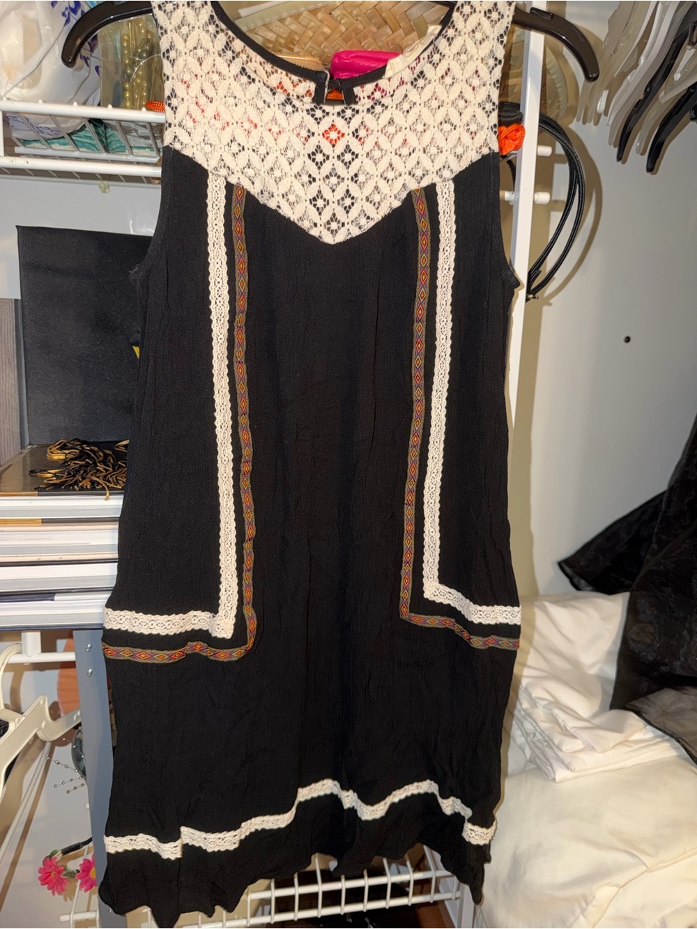 Rewind Black Mini Dress with Cream Crochet Yoke and Trim